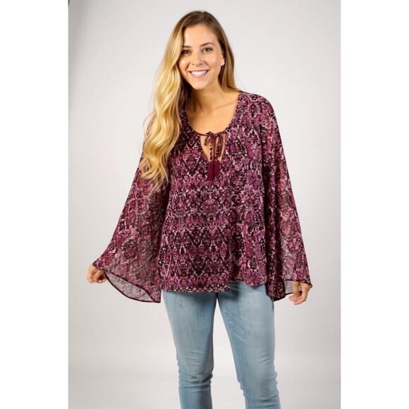 Show Me Your Mumu Bardot Tassel Top Purple Snake Print Bell Sleeves Size L - Picture 1 of 6